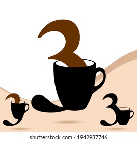 Number design for coffee cup. Coffee mug with number typography vector design. 0-9 all numbers and signs in coffee and any beverage mugs. Three; numeral and word logo for number. 