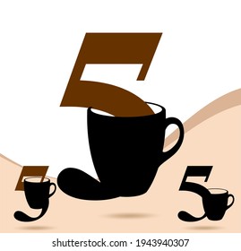 Number design for coffee cup. Coffee mug with number typography vector design. 0-9 all numbers and signs in coffee and any beverage mugs. Five; numeral and word logo for number.