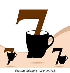 Number design for coffee cup. Coffee mug with number typography vector design. 0-9 all numbers and signs in coffee and any beverage mugs. Seven; numeral and word logo for number. 