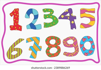 Number design font from one to zero with a cartoon texture on a white background that is easy to edit