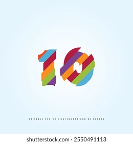 Número o Dígito 10, con efecto multicolor. Vector editable.