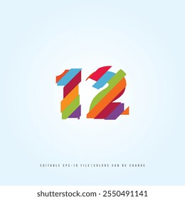 Número o Dígito 12, con efecto multicolor. Vector editable.