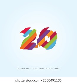 Número o Dígito 20, con efecto multicolor. Vector editable.