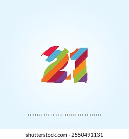 Número o Dígito 21, con efecto multicolor. Vector editable.