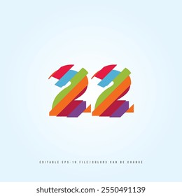 Número o Dígito 22, con efecto multicolor. Vector editable.