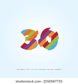 Número o Dígito 30, con efecto multicolor. Vector editable.