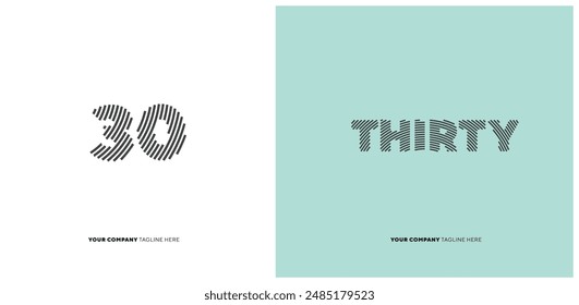 Number or Digit 30 thirty, with line effect editable vector.