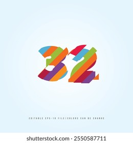 Número o Dígito 32, con efecto multicolor. Vector editable.