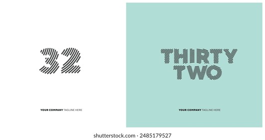 Number or Digit 32 thirty two, with line effect editable vector.