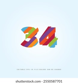 Número o Dígito 34, con efecto multicolor. Vector editable.