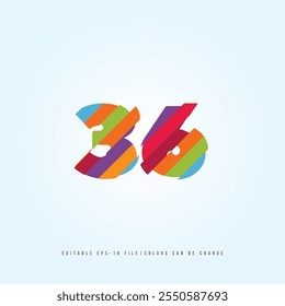 Número o Dígito 36, con efecto multicolor. Vector editable.