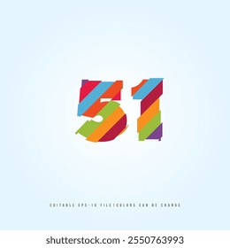 Número o Dígito 51, con efecto multicolor. Vector editable.