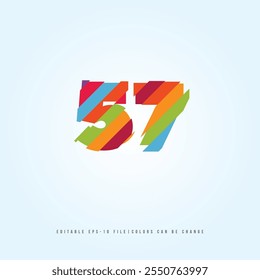 Number or Digit 57, with multi colour effect. editable vector.