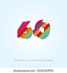 Número o Dígito 60, con efecto multicolor. Vector editable.