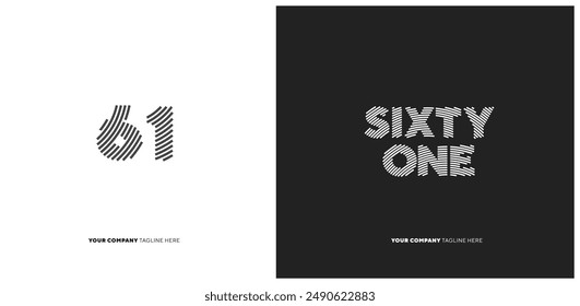 Number or Digit 61 sixty one, with line effect editable vector.
