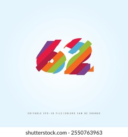 Número o Dígito 62, con efecto multicolor. Vector editable.