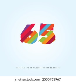 Número o Dígito 65, con efecto multicolor. Vector editable.