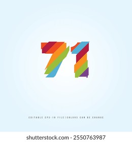 Número o Dígito 71, con efecto multicolor. Vector editable.