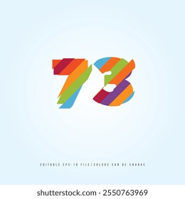Number or Digit 73, with multi colour effect. editable vector.