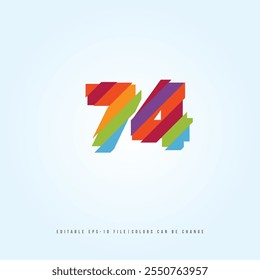 Número o Dígito 74, con efecto multicolor. Vector editable.