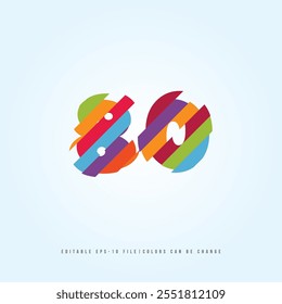 Número o dígito 80, con efecto multicolor. Vector editable.