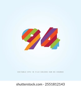 Número o Dígito 94, con efecto multicolor. Vector editable.