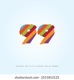 Número o Dígito 99, con efecto multicolor. Vector editable.