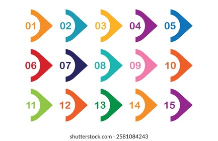 Number digit icon set. Markers with number 1 to 15. Modern colorful numbers button set isolated on white background. Vector illustration.