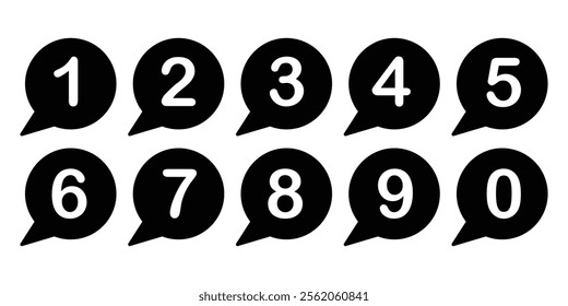 Number digit icon set. Numbering logo for up apps and website. Black number digit icons isolated on white background.  Vector illustration.	
