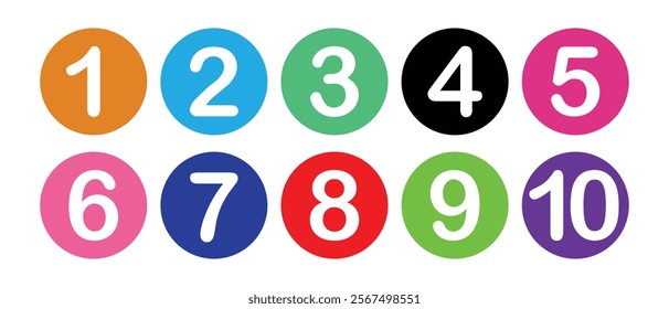 Number digit icon set. Typography set of round 1-10 numbers. Colourful number digit icons isolated on white background. Numbering logo for up apps and websites. Vector illustration.	
