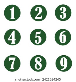 Number digit icon vector set. Simple round numbers symbol set. Dark green isolated font in vector flat. Vector illustration. EPS file 208.