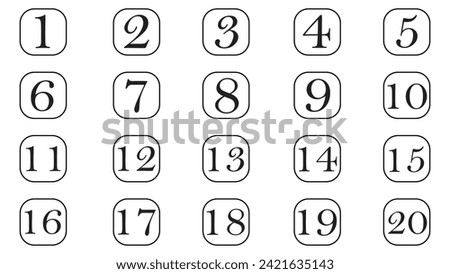 number digit icon vector set. 1 to 20 number with white background. Vector illustration. Eps file 5.