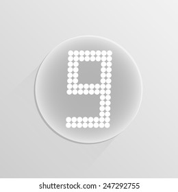 Number digital nine on a white button with shadow 