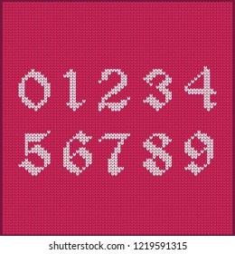 Number of digits from one to ten as knitted pattern. Texture of jacquard with white numerals. Decoration for postcard, greetings, seasonal sale and discount in winter, for Christmas and New Year.