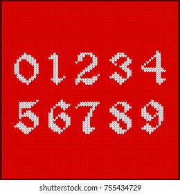 Number of digits from one to ten as knitted pattern. Texture of jacquard with white numerals. Decoration for postcard, greetings, seasonal sale and discount in winter, for Christmas and New Year.