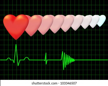 A number of disappearing hearts and the electrocardiogram on the monitor. Vector. eps 10