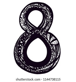Number doodles. Zentangle stylized alphabet. Number 8 in doodle style. Hand drawn sketch font, vector illustration for tattoos, makhendas or decoration.