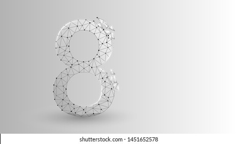 number eight 2D low poly abstract illustration consisting of points, lines, and shapes in the form of planets, stars and the universe. Origami Vector digit 8 wireframe concept.