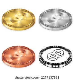 Number Eight (8) 2.5D Isometric Projection Left View Number Symbol Round Coin Gold, Silver, Copper, Black-White Silhouette Logo Icon Isolated on White Background