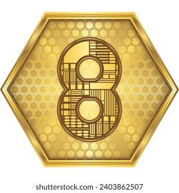 Número ocho (8) Letra árabe numérica, placa de circuito robótico cibernético de ingeniería, botón de logotipo de icono matemático diseño hexágono dorado, fondo blanco