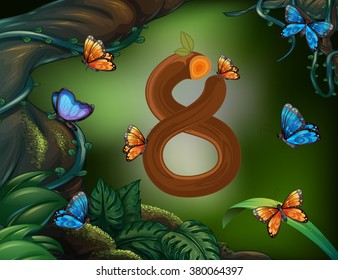 Number eight with 8 butterflies in the garden illustration