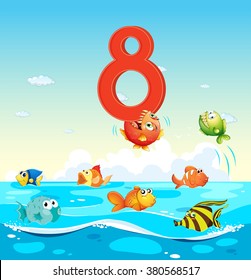 Number eight with 8 fish in the ocean illustration