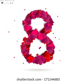Number eight, 8 made from red hearts Love alphabet