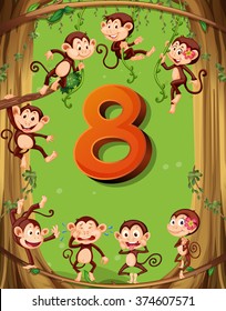 Number eight with 8 monkeys on the tree illustration