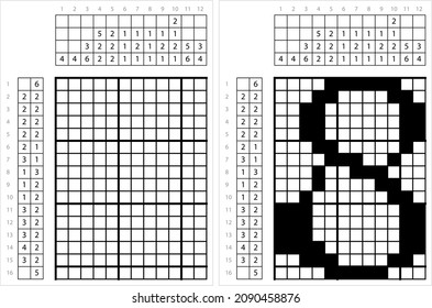 Number Eight 8 Nonogram Pixel Art, Mathematical, Numeral, Numeric, Word, Symbol Vector Art Illustration, Logic Puzzle Game Griddlers, Pic-A-Pix, Picture Paint By Numbers, Picross