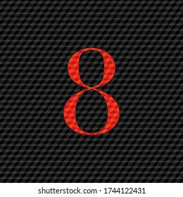 number eight (8) in red with ribbed texture on black surface editable vector