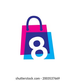number eight 8 shop store shopping bag overlapping color logo vector icon illustration