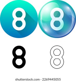 Number Eight (8) Symbol Icon Set of Circular Round Long Shadow, Bubble, Black-White Silhouette, Line Art Isolated on White Background