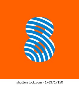 number eight (8) white and blue curved lines texture on orange background for party, editable vector