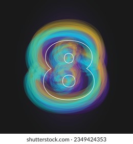 Number eight 8 with white frame and bright paint effect on dark background. Vector illustration